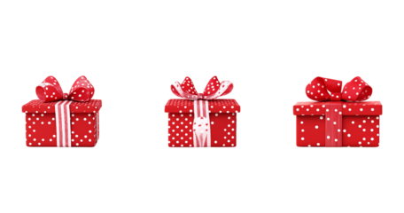 Three red gift boxes with white polka dots and bows isolated on a transparent background present