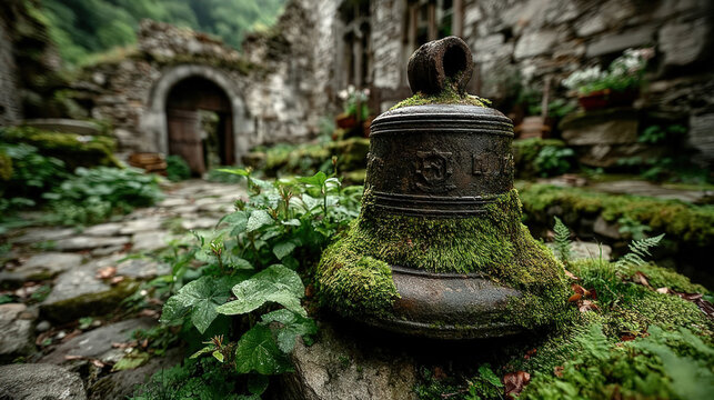 Moss-covered ancient bell resting among stone ruins and overgrown plants, evoking history, decay, and the quiet beauty of forgotten places.
