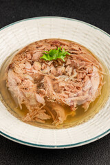 Meat jelly dish aspic meat brawn food Sülze pieces of meat in jelly pork, beef healthy food appetizer fresh delicious exquisite food background on the table rustic food top view copy space