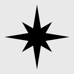 Fototapeta premium Vector black eight point star icon on light grey background. Minimal geometric starburst shape illustration for logo, badge, sticker, tattoo, decoration and graphic design element.
