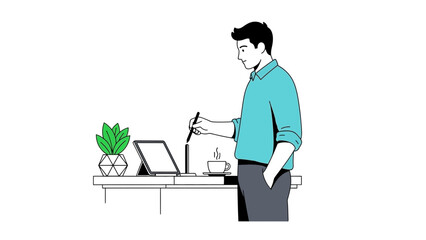 Illustration of a professional working on a tablet with coffee and a plant