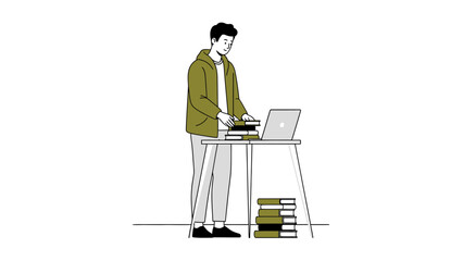 Illustration of a student using a laptop and books on a desk doing work