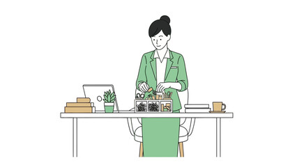 Illustration of a professional woman at her desk organizing stationary and working, office theme