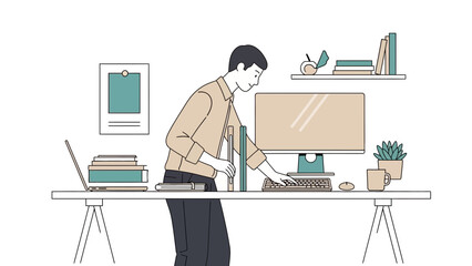 Illustration of a professional working on a computer at his desk with books around