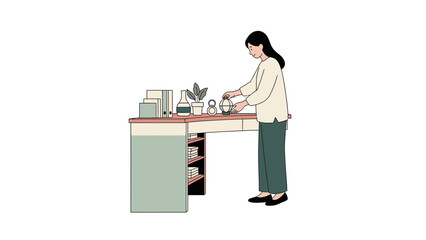 Illustration of a woman at a desk with plants and decorations in a minimalist style