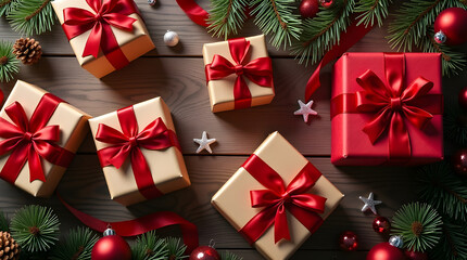 Christmas Gift Box Flat Lay with Festive Holiday Decoration