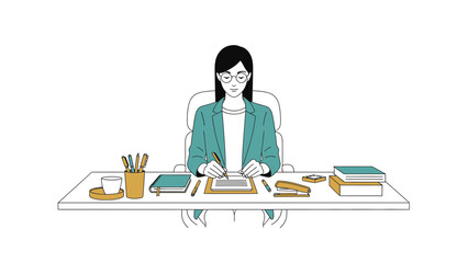 Illustration of a woman at a desk writing or working, simple line art style