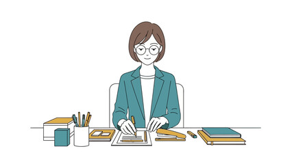 Illustration of a woman at a desk writing something, simple business style, drawing minimal