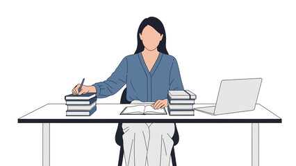 Illustration of a woman at a desk writing, with books and a laptop, flat design, white background