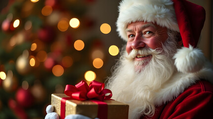 Classic Santa Claus Holding Wrapped Christmas Present