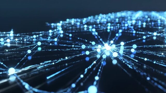 Abstract digital network of interconnected glowing, nodes and threads across a dark blue background