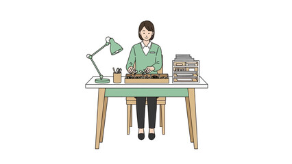 Illustration of a woman at a table working with small objects and office supplies