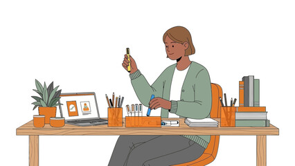 Illustration of a woman at her desk holding a pen and looking at the screen