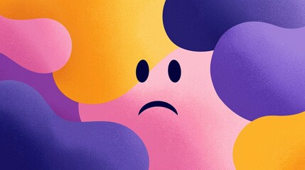 Abstract illustration featuring a sad face surrounded by colorful, swirling shapes in shades of pink, purple, and yellow, conveying emotions through vibrant visual elements