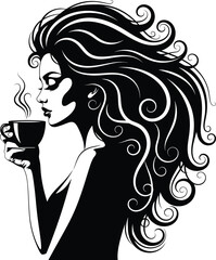 Woman Drinking Coffee Elegant Silhouette Vector