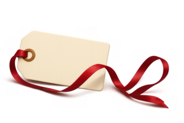 Blank gift tag with red ribbon creating a copy space for design, message, price, or sale promotion