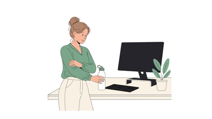 Illustration of a woman at her desk looking pensive with computer and water bottle