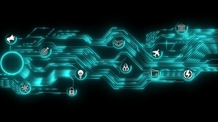 Glowing yellow circuit network animation displaying interconnected industry icons, illustrating digital connectivity, smart automation links and futuristic system mapping on a dark background - Powered by Adobe