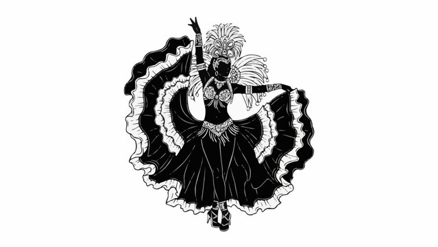 Black and white illustration of a cancan dancer in a ruffled dress