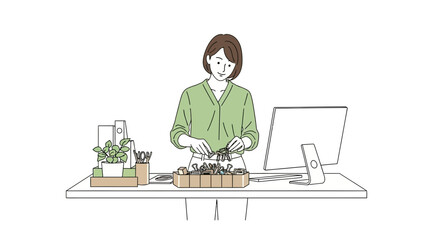 Illustration of a woman at her desk organizing office supplies in minimalist style