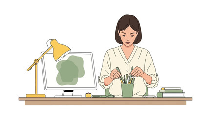 Illustration of a woman at her desk selecting pens and working on a computer