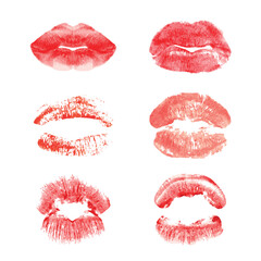 Lipstick Kiss Marks Set – Red Lip Prints Collection. Collection of red lipstick kiss marks in various shapes and styles. Realistic lip print illustrations isolated on a white background