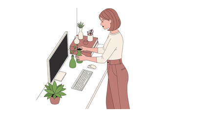 Illustration of a woman at her desk with plants and computer, workspace concept