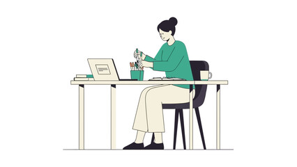 Illustration of a woman at her desk working and using a laptop with supplies