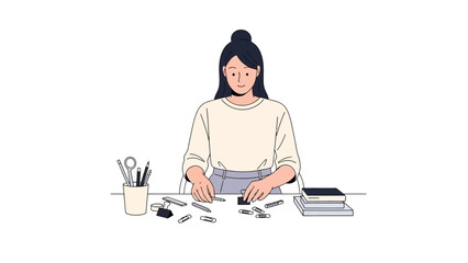Illustration of a woman at her desk surrounded by stationary and working or creating something