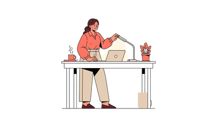 Illustration of a woman at her desk working with a laptop and a lamp