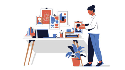 Illustration of a woman decorating her home office with artwork and plants design