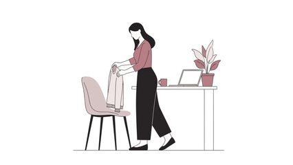 Illustration of a woman hanging a jacket on a chair with a laptop and plant