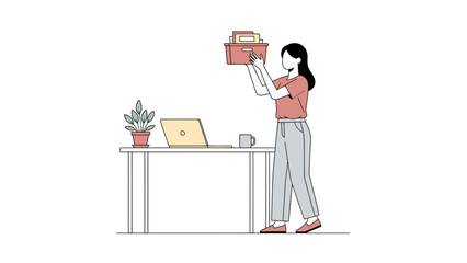 Illustration of a woman holding a box above a desk in an office environment.