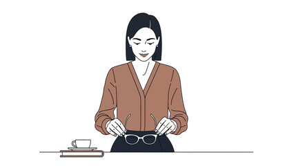 Illustration of a woman holding glasses with a coffee cup and books on a desk