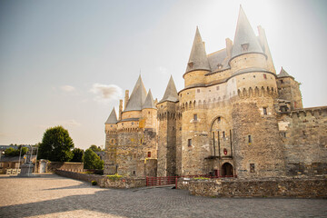 The impressive medieval castle of Vitr&eacute;, Brittany, France. Background with copy space, sunny and bright summer day.