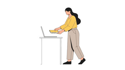 Fototapeta premium Illustration of a woman with long hair and yellow shirt holding a notebook near a laptop