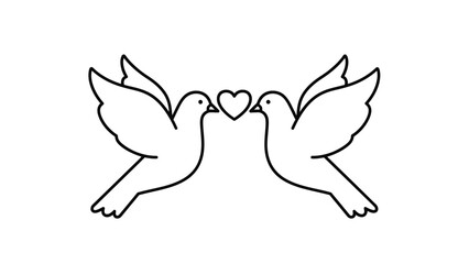 Two outline white doves facing each other with a small heart symbol between their beaks, representing love and peace.