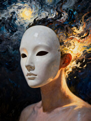 Artistic portrait of a mannequin wearing a white mask with swirling hair representing creativity and emotion