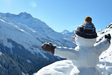 Delightful snowman standing proudly against a stunning alpine panorama with snow covered mountains