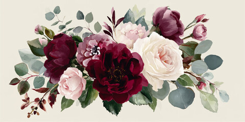 Elegant burgundy and cream rose bouquet with eucalyptus leaves on a light background © darkheaven