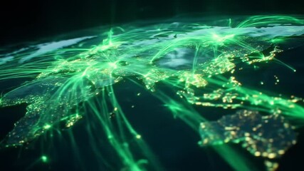Global network connections with green lines over a digital earth globe