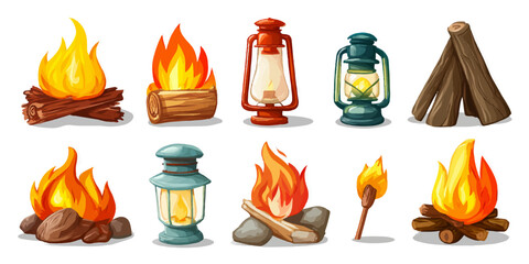 Collection of cartoon campfires lanterns and firewood elements for outdoor adventure and camping illustrations