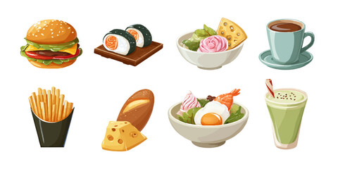 Collection of delicious and diverse food items including a burger sushi fries bread and drinks