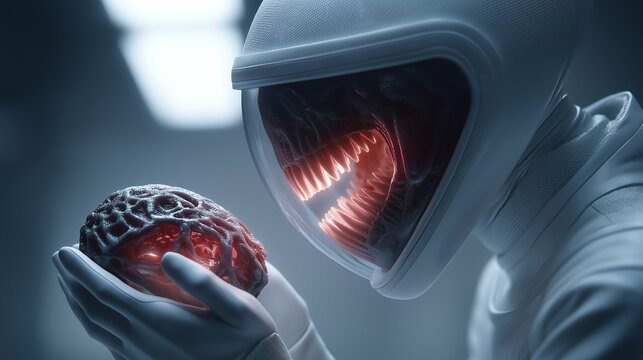 Alien im Raumanzug untersucht Objekt in der Hand