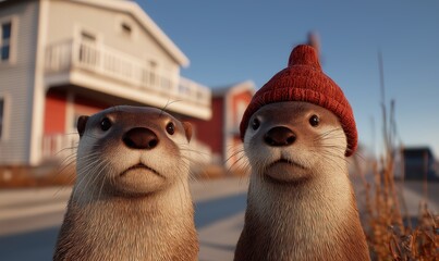 Otters in winter hats explore rural setting, two young otters looking curiously at the environment