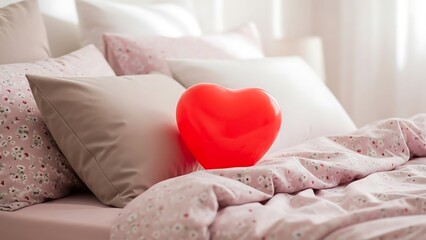 Cozy bedroom scene featuring a bright red heart shaped pillow on a soft bed