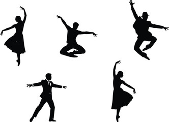 Black Silhouette Vector Set of Diverse Dancers in Dynamic Poses, Professional Ballet and Jazz Performers Jumping, Elegant Man and Woman Dancing, Artistic Movement Illustration.