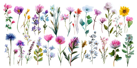 A vibrant collection of delicate wildflowers and delicate greenery in a loose watercolor style