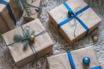 Aerial view of multiple christmas gift boxes with ample copy space for holiday greetings