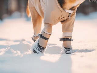 Obraz premium Dog wearing protective winter dog boots and a warm jumpsuit walking on snow